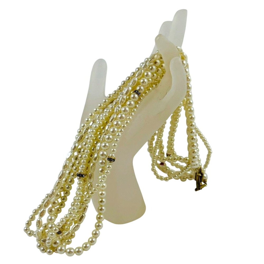 VTG 1980s Pearl 5 Strand Layered Necklace Rhinestone Accents Handknotted ELEGANT